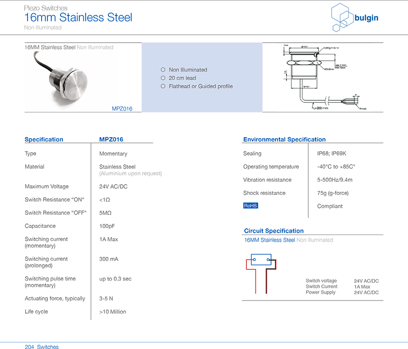 MPZ016不銹鋼Piezo開關規格尺寸